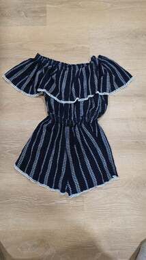 Lulus See Ya There Navy Blue Print Off-the-Shoulder Romper